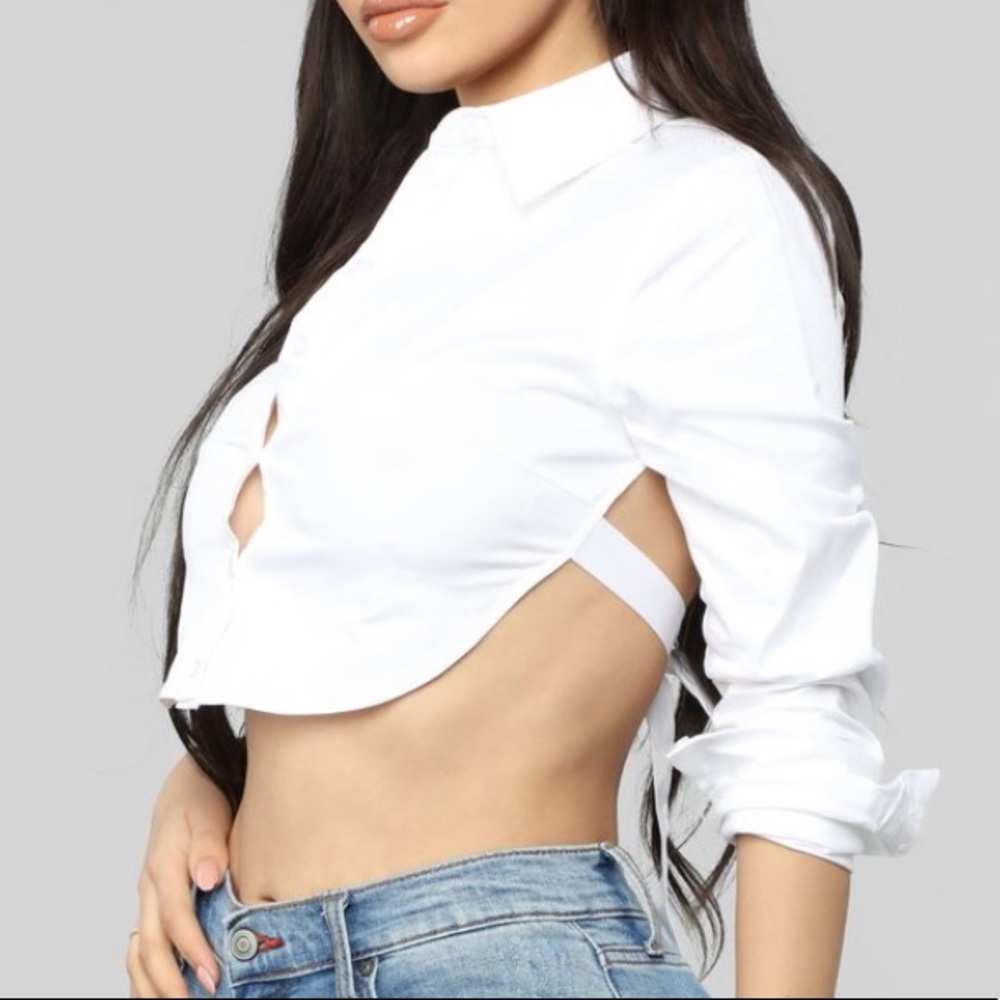 White long sleeve button down crop shirt